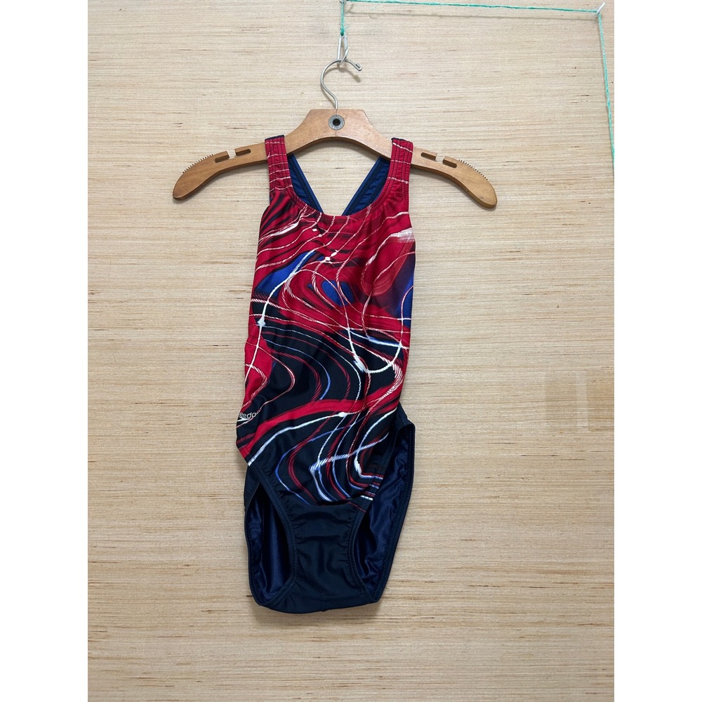 Speedo Girls Red Blue Abstract Swirl Racerback One Piece Swimsuit Size 6/32